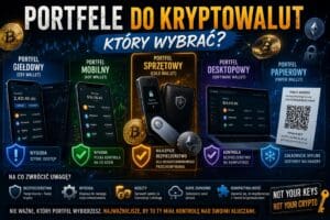 Infografika pokazująca rodzaje portfeli do kryptowalut, w tym portfel giełdowy, mobilny, sprzętowy, desktopowy i papierowy