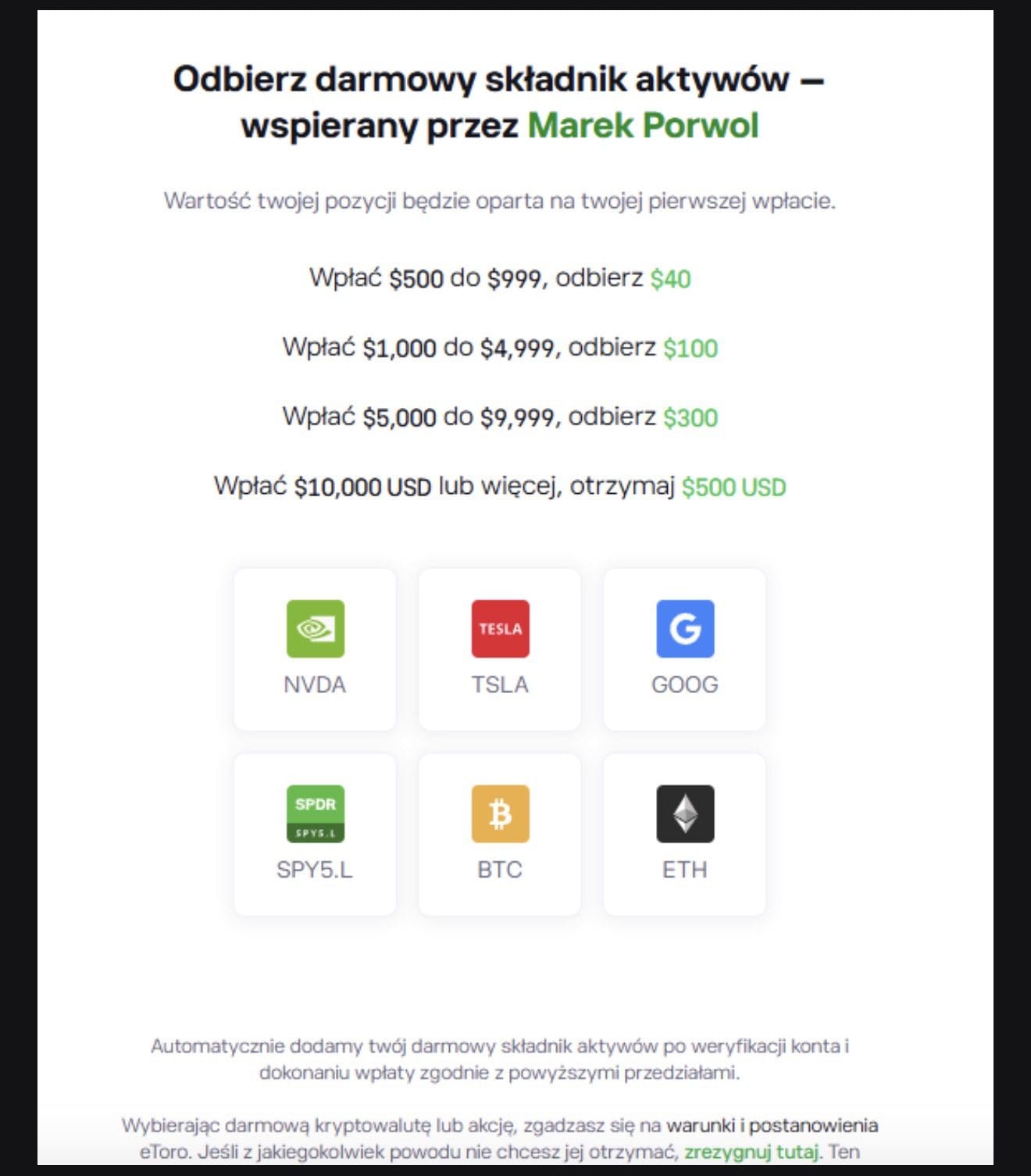 Darmowe aktywa na eToro – NVDA, TSLA, GOOG, SPY, BTC, ETH