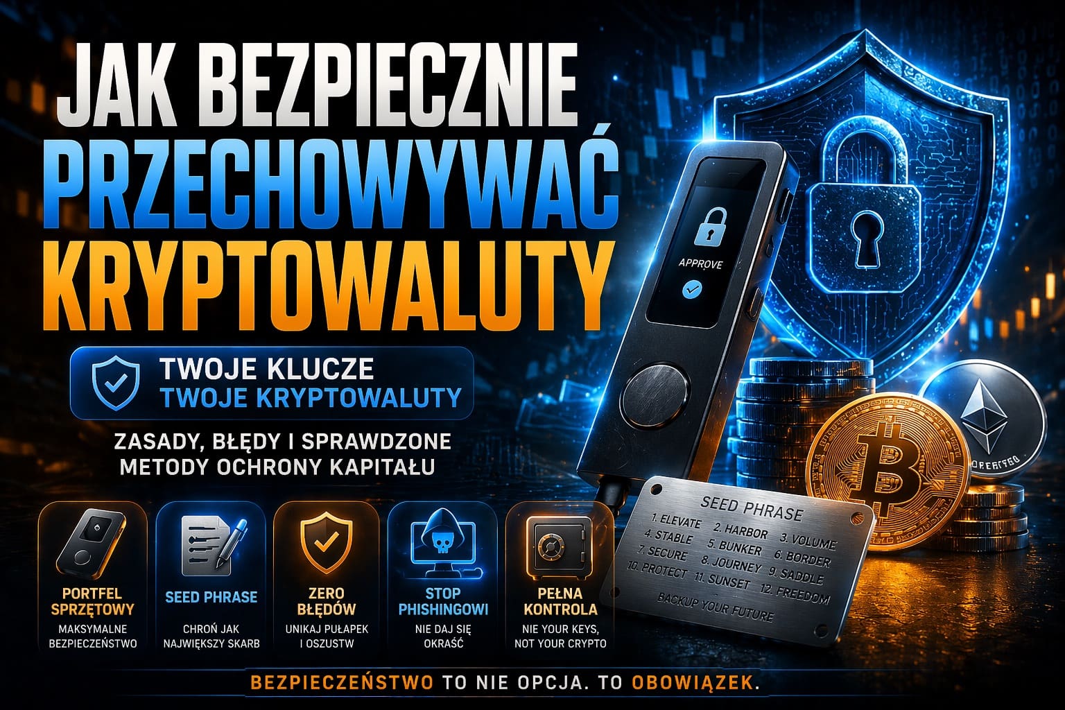 Grafika przedstawiająca zasady bezpieczeństwa kryptowalut, w tym portfel sprzętowy, seed phrase oraz ochronę kluczy prywatnych przed phishingiem i kradzieżą środków.