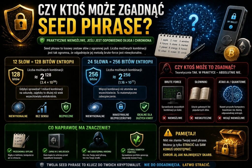 czy można zgadnąć seed phrase portfela kryptowalut i ile istnieje możliwych kombinacji frazy odzyskiwania