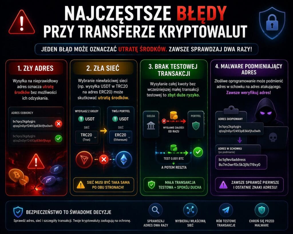 najczęstsze błędy przy transferze kryptowalut z giełdy na portfel