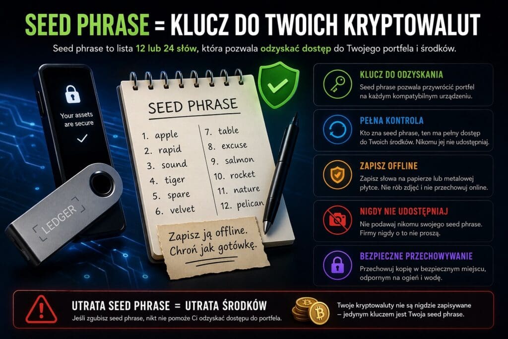 seed phrase kryptowalut zapis 12 lub 24 słów odzyskiwanie portfela hardware wallet
