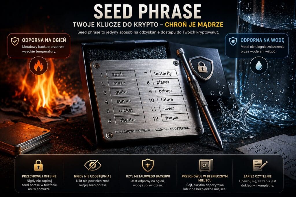 seed phrase kryptowalut metalowy backup przechowywanie kluczy prywatnych