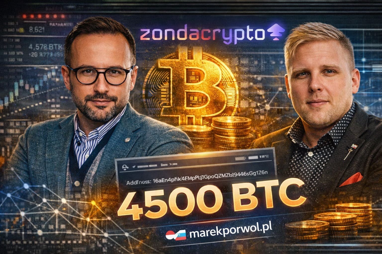 Prezes Zondacrypto pokazuje portfel z 4500 BTC o wartości ponad 300 mln dolarów. Na grafice logo Zondacrypto oraz wizerunki Przemysława Krala i Sylwestra Suszka.